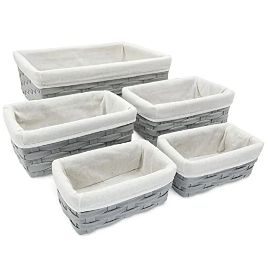 

Wicker Nesting Baskets with Cloth Lining - 5-Pack Gray Rectangular Set - Stackable Storage Bins and Lined Baskets for Organizin