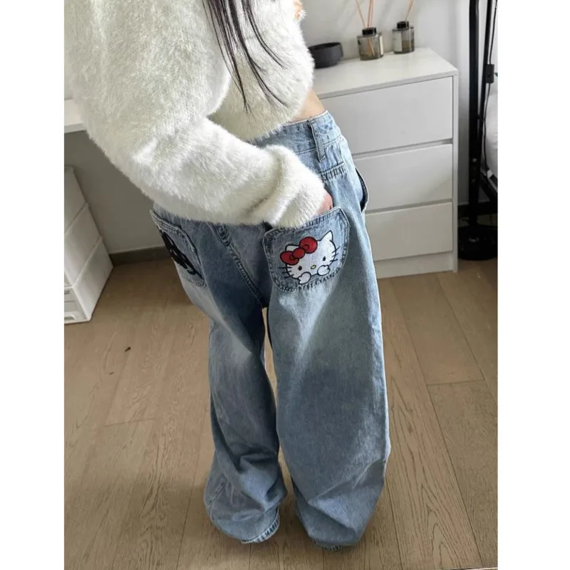 Miniso Button Hellokitty Y2k pantaloni in Denim ricamati Cartoon KT Jeans larghi a vita alta Streetwear pantaloni a gamba larga vestiti retrò