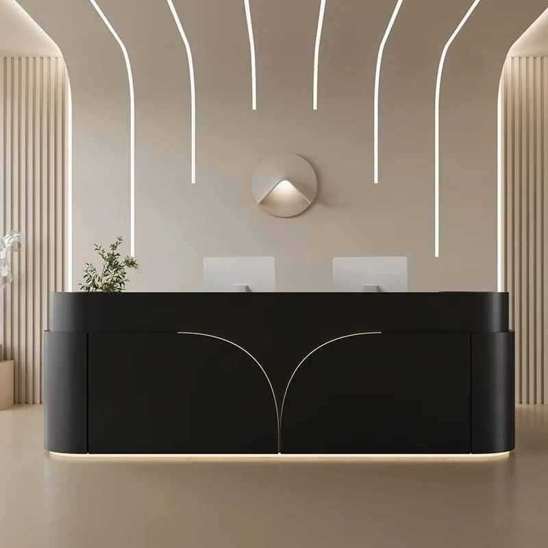 

&c 2025 Office Furniture Custom Wooden Black Minimalist Dental Clinic Reception Desk Boutique Cashier Counter with Led Light