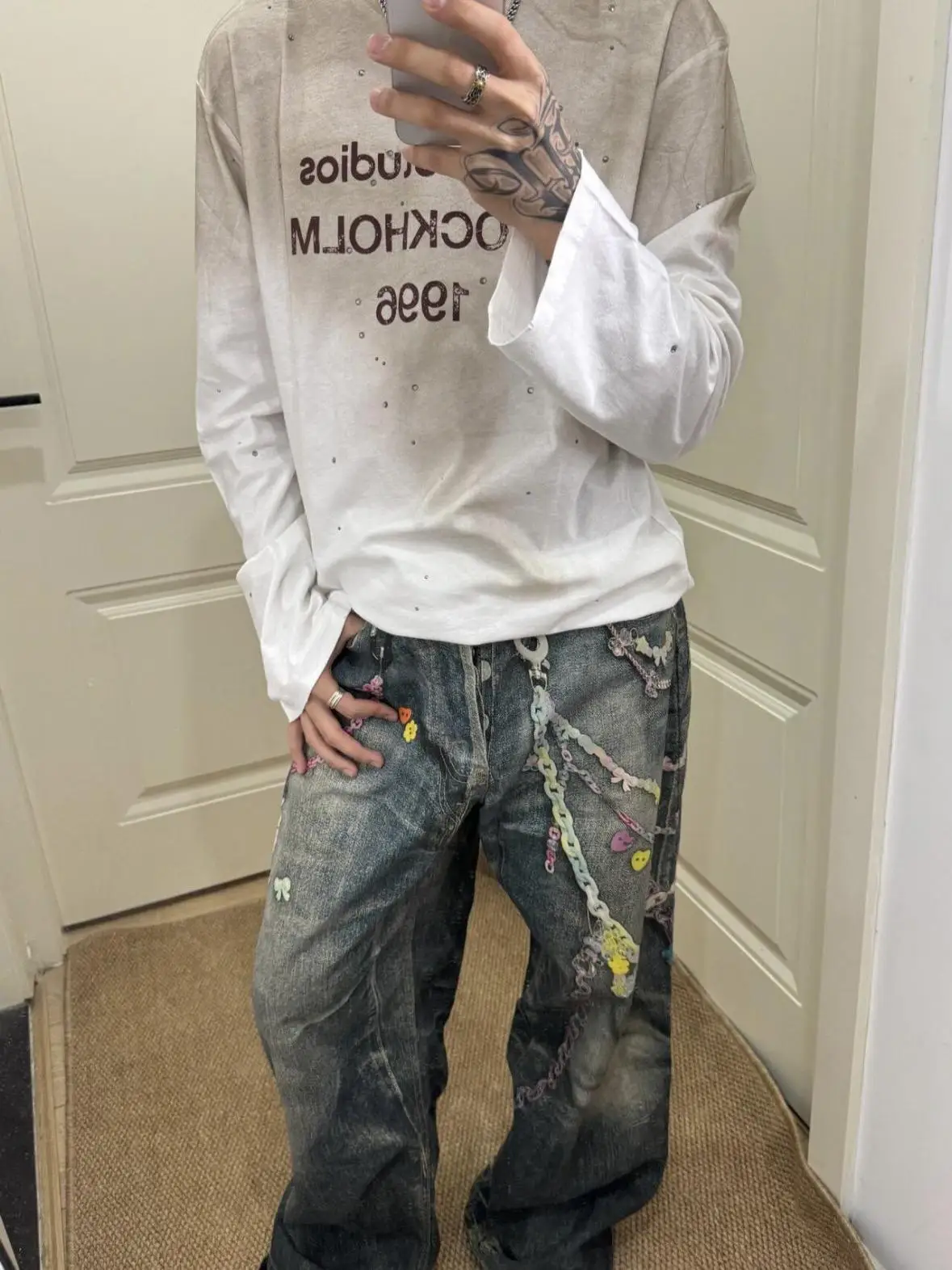 

American High Street AC Sle Candy Chain Print Loose Straight Leg Jeans ex Long Trousers Trendy Youth Faion