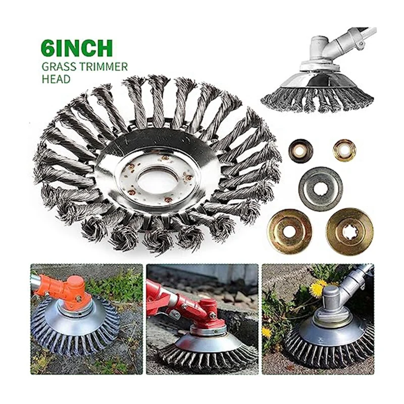 Cepillo giratorio para malas hierbas de 6 pulgadas, juego de cabezales de corte, con juego de adaptador Universal para bandeja de cortacésped de repuesto