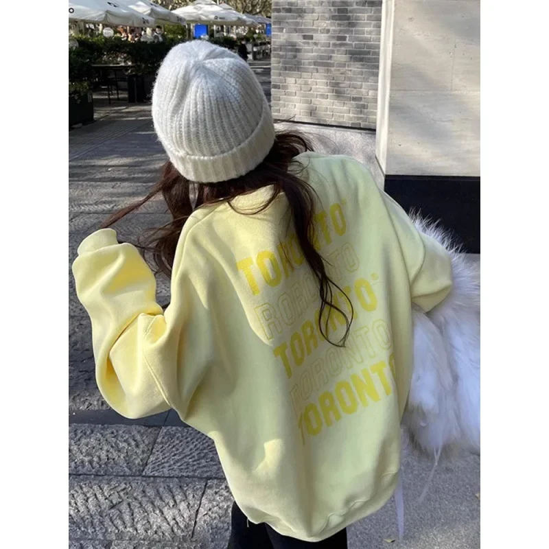 

Spring New Creamy Yellow Baggy Sweatshirt Women Fashion Letter Printing Street Lazy Wind Pullover Tops Korean Y2k Clothes