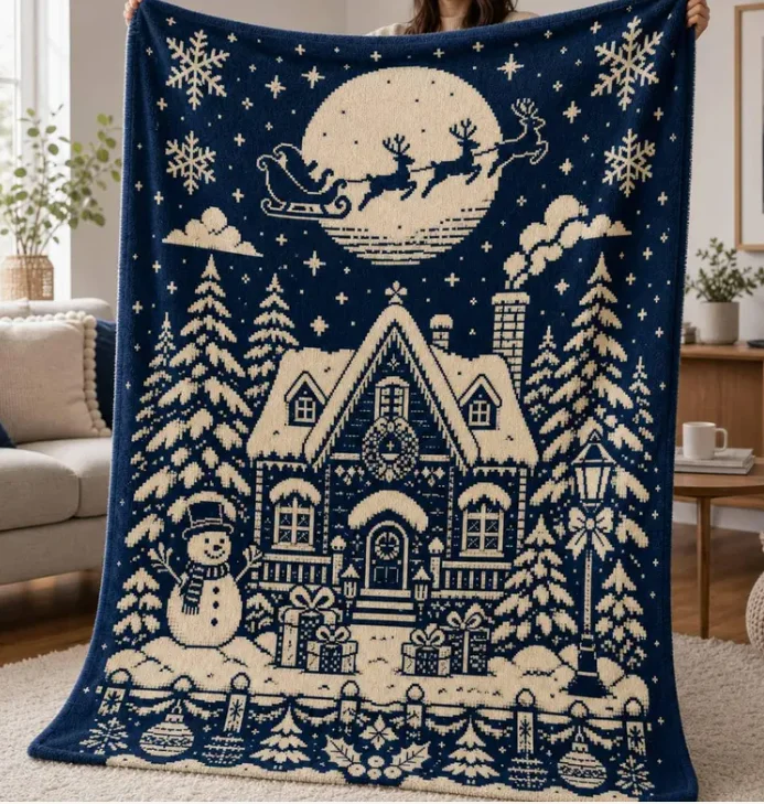 Christmas Winter Blanket Santa Sleigh Throw, Snowy Cottage Holiday Home Decor Blanket