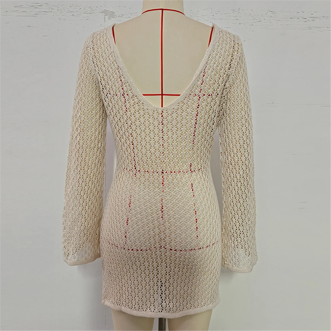 V-Ausschnitt, lange Ärmel, mit Ausschnitten versehene, gehäkelte Tunika, Strandkleid, Strandmode, Damen V7643 – Detail 25