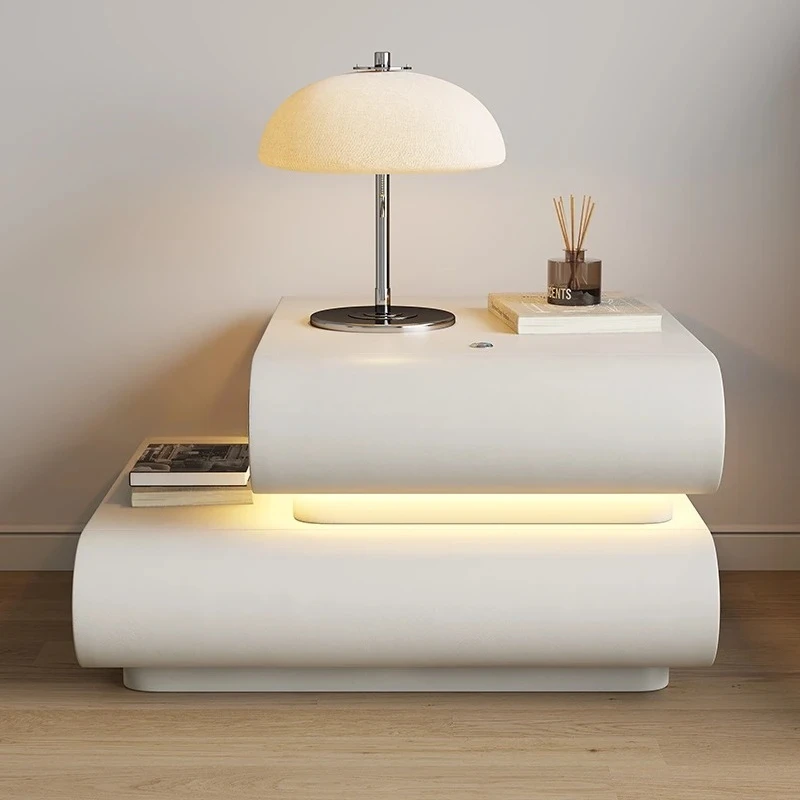 

White Cream Wind Bedside Table Leather Smart Bedside Storage Cabinet