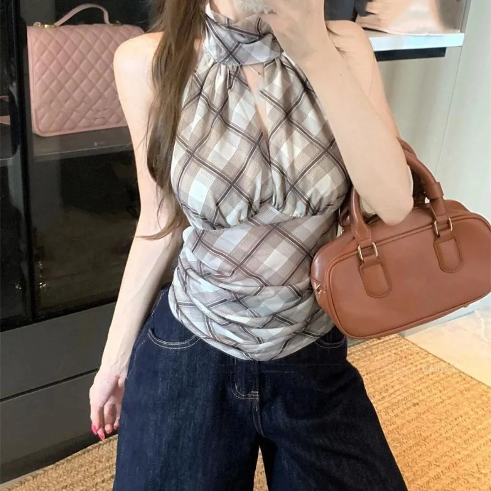 

Tank Top Plaid Stripe Halter Sleeveless Camisole Lace Up Pleated Slim Crop Tops Spicy Girl Style Backless Suspender Vest Travel