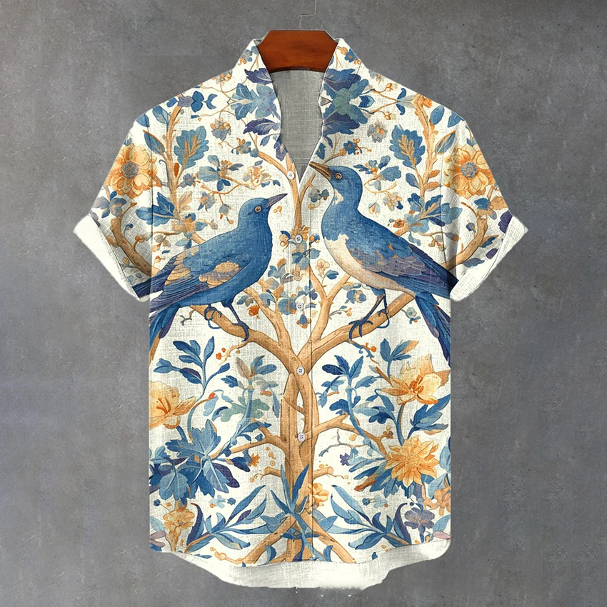 

Tropical style 3D digital printing men's casual Hawaiian shirt cool short sleeved standing neck cardigan men's top