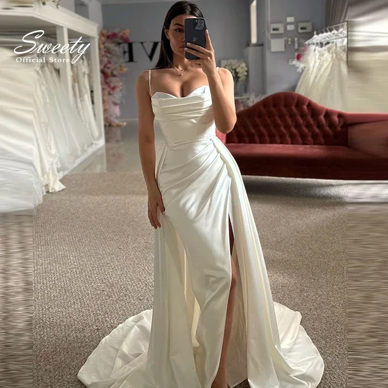 

Detachable Train Wedding Dress Elegant Pleats With Soft Satin Mermaid Ball Gown Square Collar Sleeveless Button Vestido De Novia