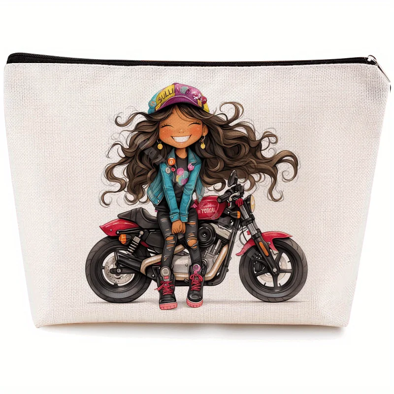 

A Motorcycle Girl Makeup Bag- Multifunctional Zipper Pouch, Jewelry Storage Bag, Perfect Travel Zipper Small Storage Bag.