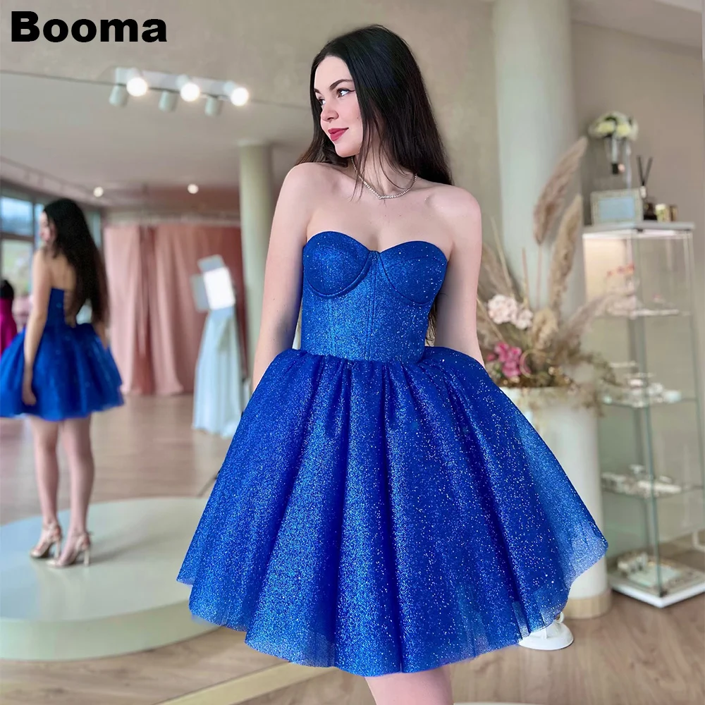 

Booma Blue Shiny A-Line Prom Dresses Sweetheart Sleeveless Glitter Homecoming Party Gowns Lace Up Cocktail Dresses Customized