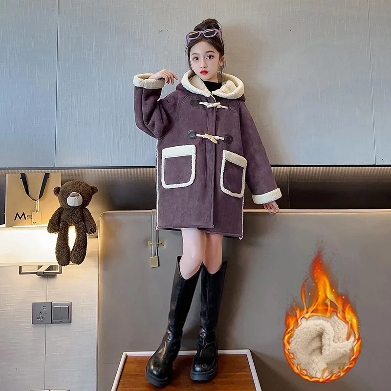 Children Girl Long Fur Integrated Cotton Jacket Winter School Girl Horn Button Contrast Hooded Outwears Junior Girl Thicken Coat