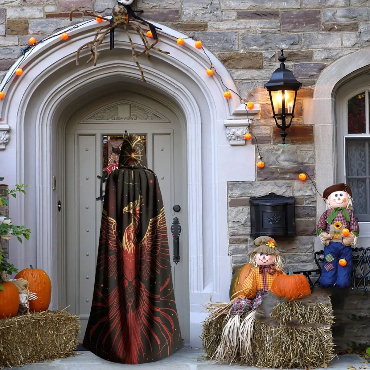 فينيكس الطيور الأسطورية مع أجنحة الناري عباءة طويلة مقنعين الساحرة القرون الوسطى زي تأثيري كيب هالوين مصاص دماء الكبار للجنسين