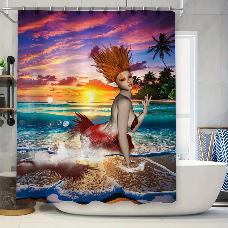 

Digital Printed Mermaid Shower Curtain Beach Sunset Design for Bathroom Decor Polyester Waterproof FabricCustom Size Available H