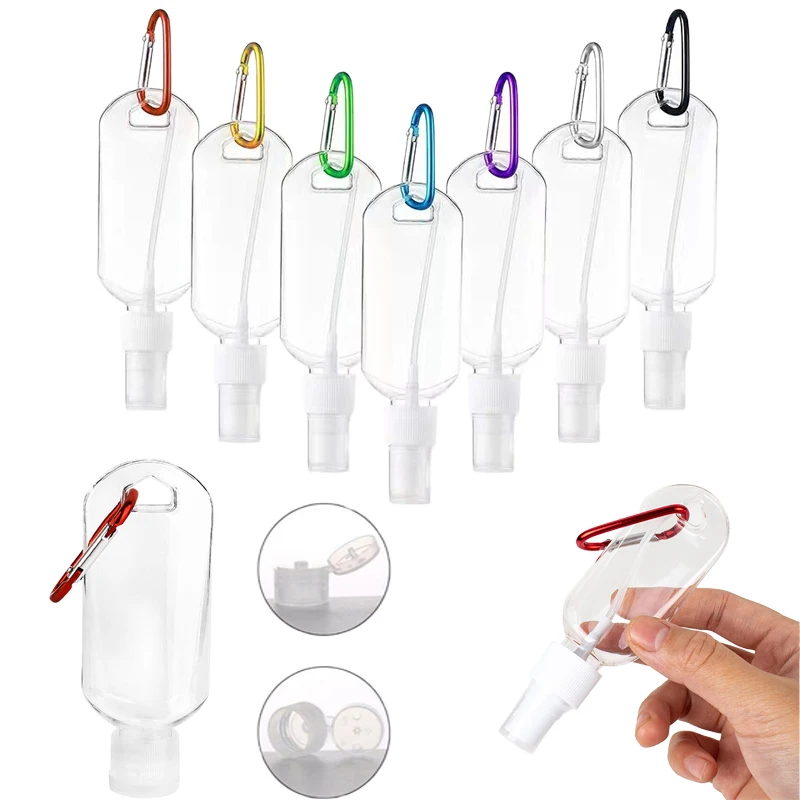 100Pcs 30/50/60ml Refillable Travel Plastic Keychain Bottles Empty Portable Leakproof Clear Containers with Flip Cap Spray Lids