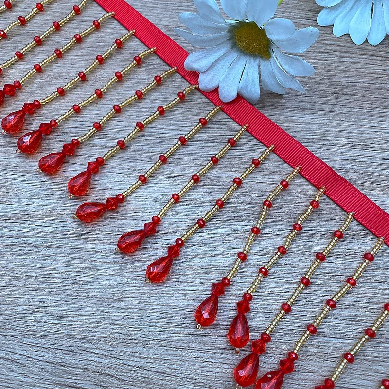 Handmade Red Glass Beaded Tassel Fringe Trim Ribbon for Wedding Dress Hanfu Party Grown DIY Sewing Craft Accessories Wholesale