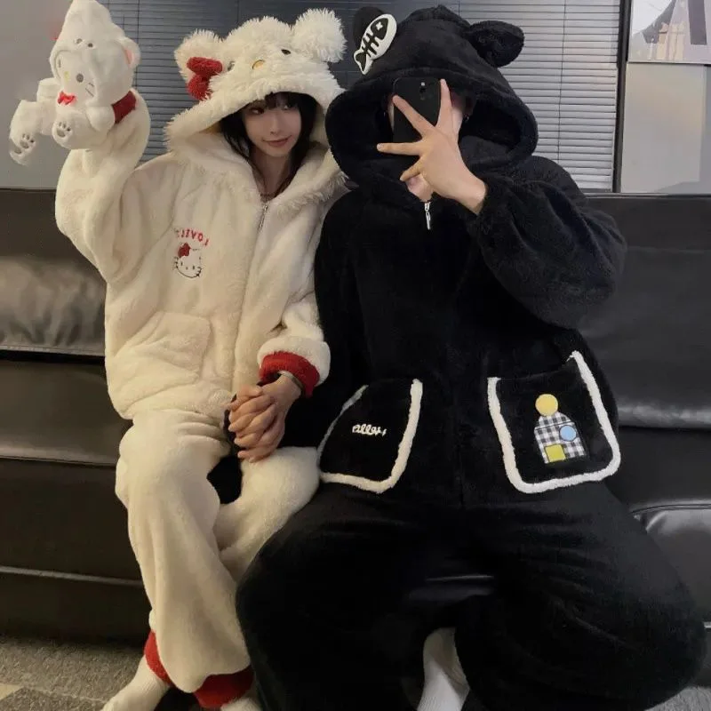 سانريو Kawaii الكرتون مرحبا كيتي الشتاء المرجان الصوف زوجين منامة الصوف بطانة سميكة الدافئة Homewear مجموعة هدية الكريسماس