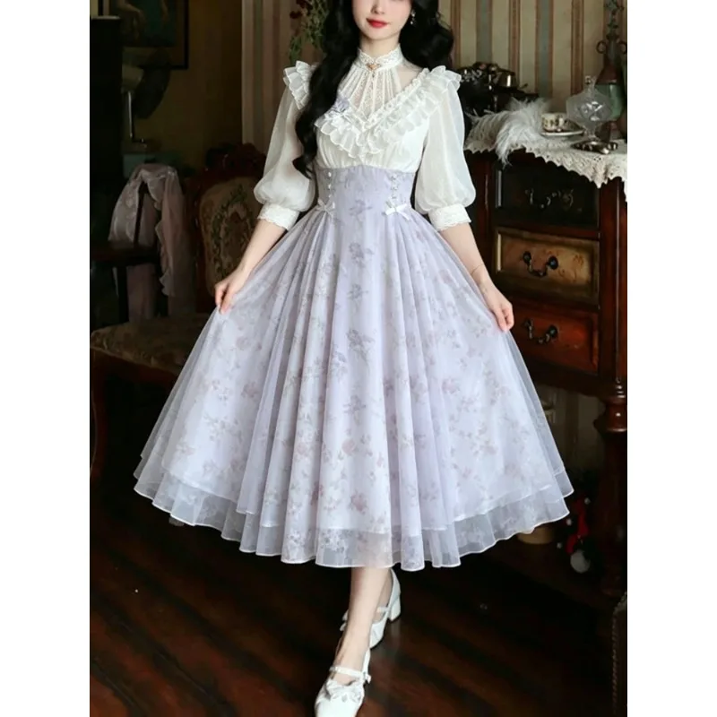 Süßes Lolita Französisches Prinzessinnen-Kleid in Hellblau mit Blumenspitze, Rüschen, Puffärmeln und Hoher Taille, Y2K-Kleid mit Schleife, Geburtstagskleid für Damen