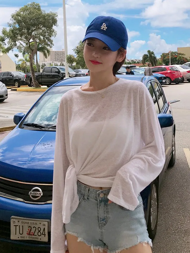 Women's T-shirt Spring Autumn White Long Sleeves Sun Cover-up Sexy Y2K Thin See Through Female Shirt Korean Slit Loose Sheer Top