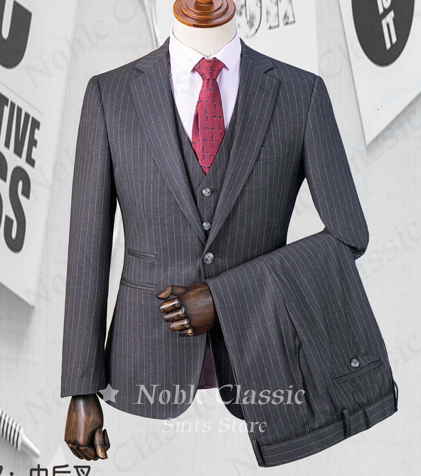 Men Dark Grey Vertical Pinstripe 3 Piece Suit Peak Lapel Two Button Blazer Waistcoat Trousers Wedding Guest Customized