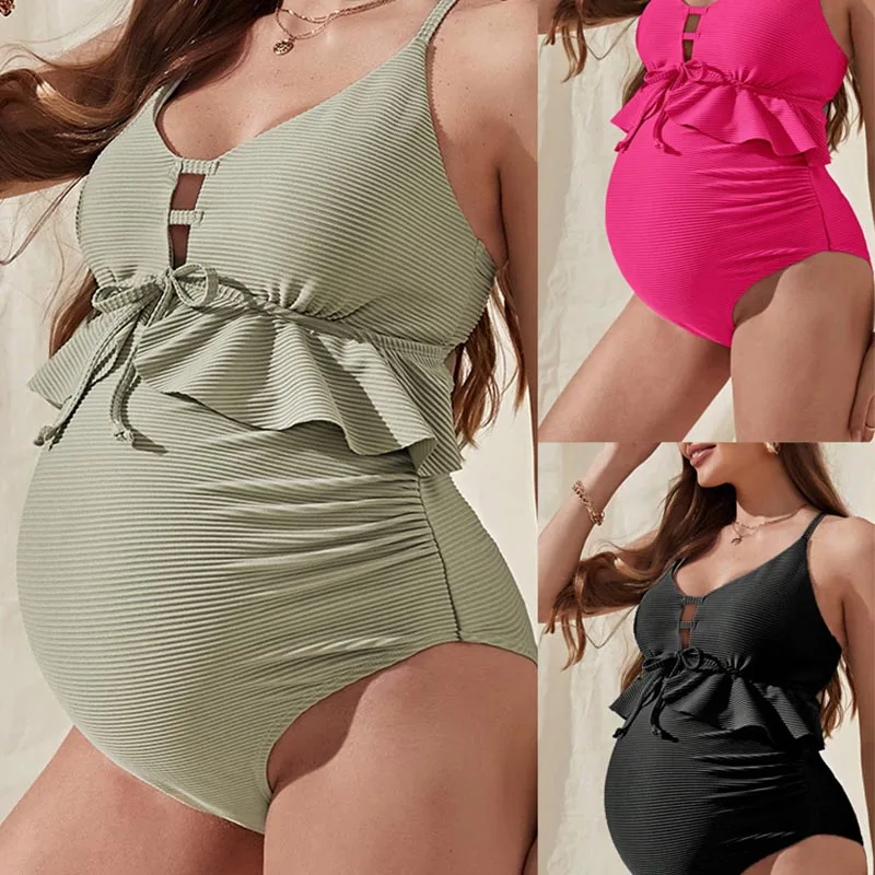 

2024 New Women Maternity swimwear Pregnant one piece swimsuit Solid Bikinis Swimsuit Beachwear Ruffles Bathing Suit
