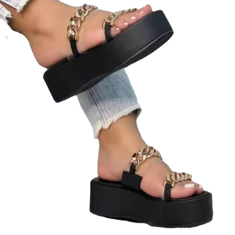 Metal Chain Slippers Women\'s 2022 New Platform Sandals  Zapatos De Mujer 43