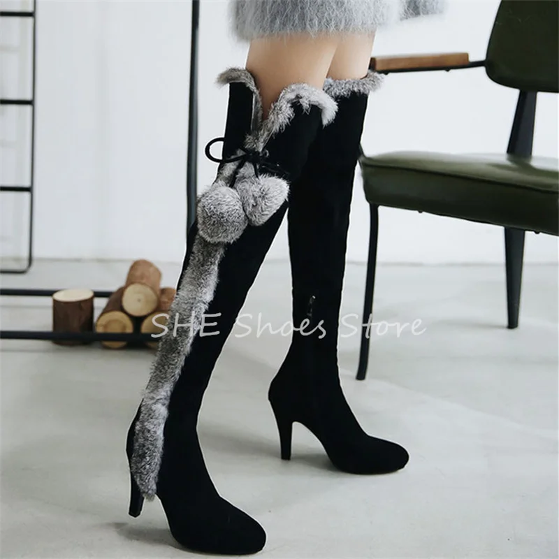 Winter Warm Plush Women Snow Boots Fashion Rabbit Fur Decor Over-The-Knee Strech Boots Sexy Ladies Thin Hight Heels Boots