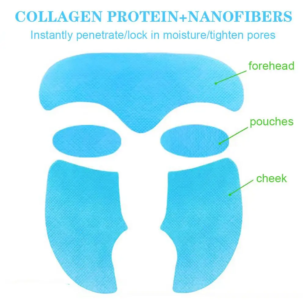 Juego de mascarillas de colágeno, paquete de 5 máscaras faciales solubles en papel antienvejecimiento, pegatina para la piel de la cara y las mejillas, parche para la frente, parches de líneas sonrientes