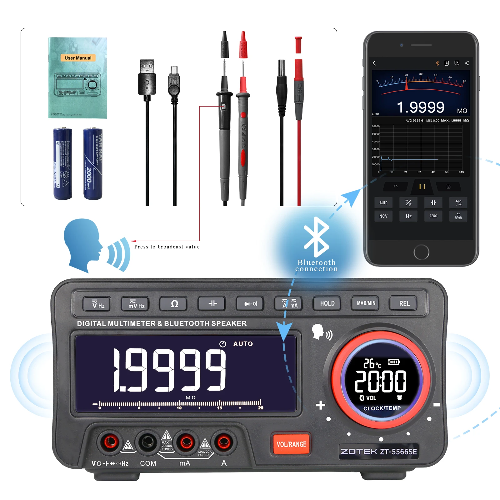 ZOYI ZT-5566SE Desktop Voice Multimeter Professional Digital Bluetooth 19999 Counts True RMS Auto Range DC/AC Meter