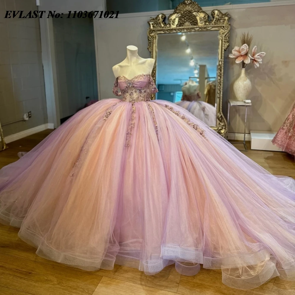 EVLAST disesuaikan gaun Pink Quinceanera gaun bola Applique manik-manik kristal Tulle korset manis 16 Vestidos De 15 Anos SQ668