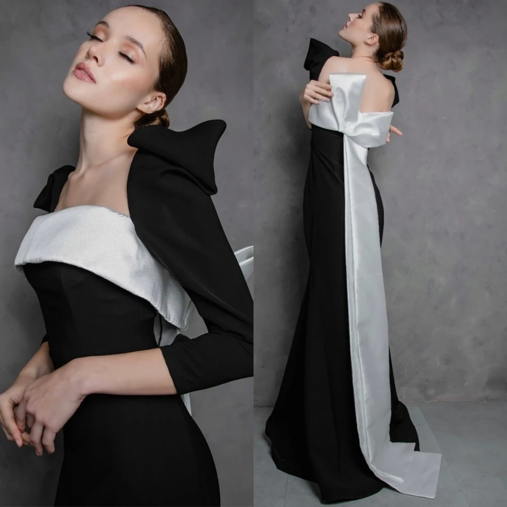 カスタマイズされたファッションサテンコントラストカラーイブニングドレス繊細な長袖ウエディングドレス繊細なリボン特別な日のドレス
