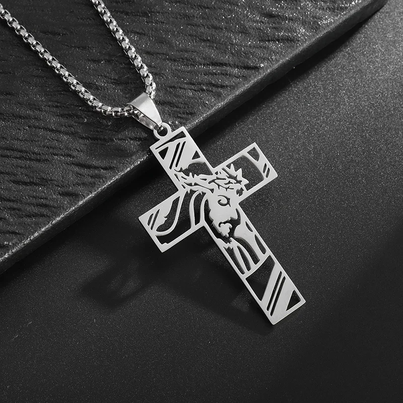 Catholic Jesus Cross Stainless Steel Pendant Necklace for Men Women Vintage Christian Prayer Jewelry