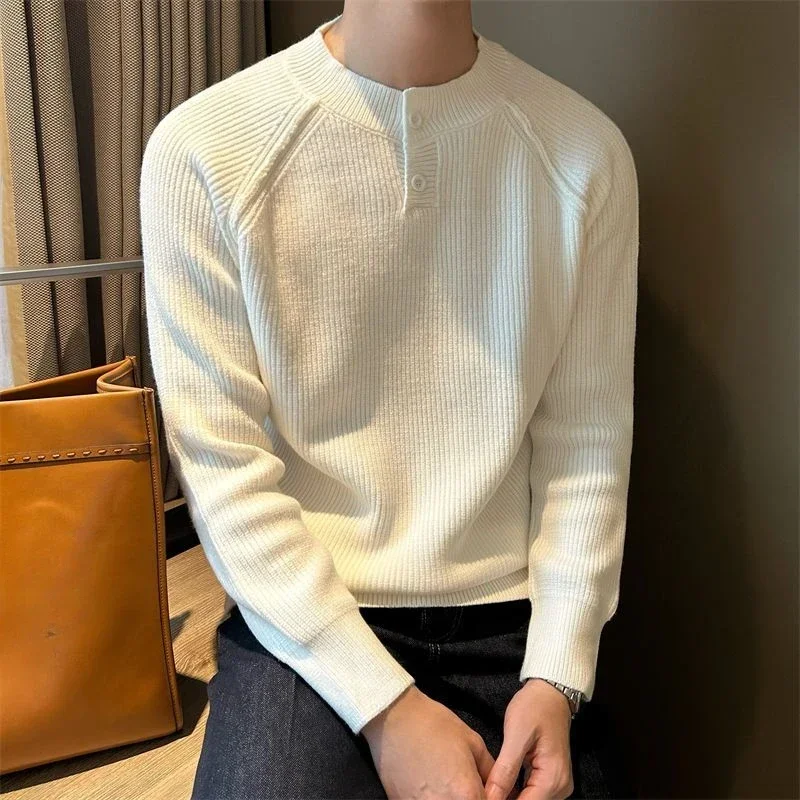 

Pop White Pullovers Male No Hoodie Solid Color Thick Men's Knit Sweater Korean Style Y2k Top Autumnr And Winter Streetwear
