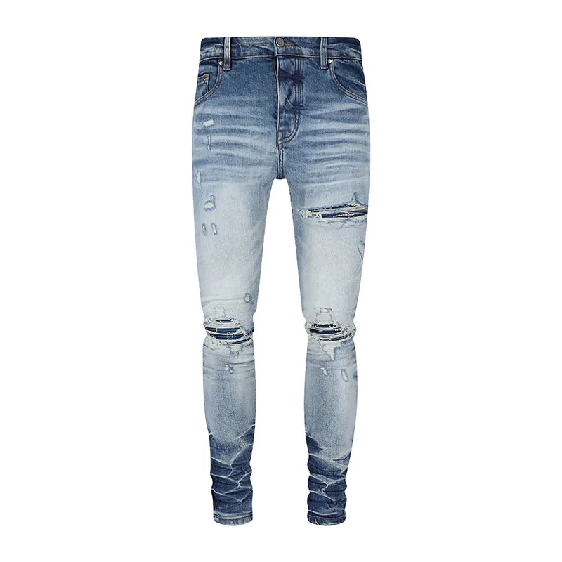 

High Street Fashion Men Jeans Retro Light Blue Stretch Skinny Fit Ripped Jeans Men Bandana Patched Brand Designer Hip Hop Pants