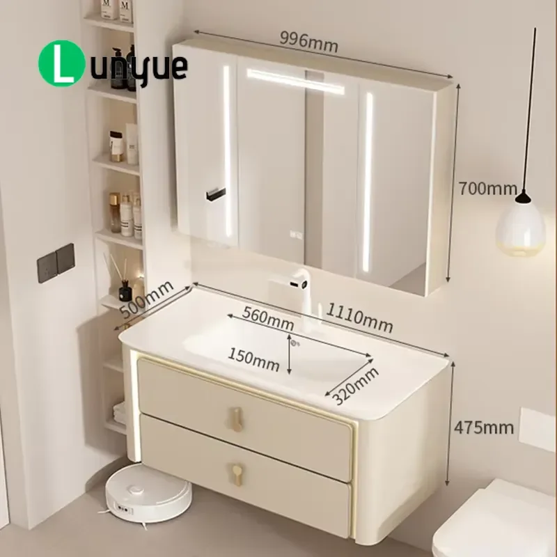 Modern Elegant Bathroom Vanity with Ceramic Basin Smart Mirror Waterproof Wall Mounted Storage Drawers for Apartment Villa