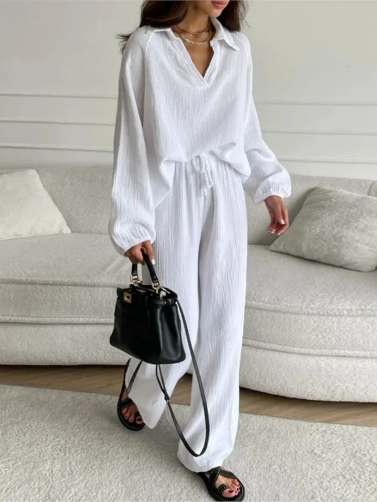 

Elegant Ladies Casual Loose Suit Women's Long Sleeve Top Drawstring Pants Suit 2026 Spring And Autumn Lapel Two-piece Set