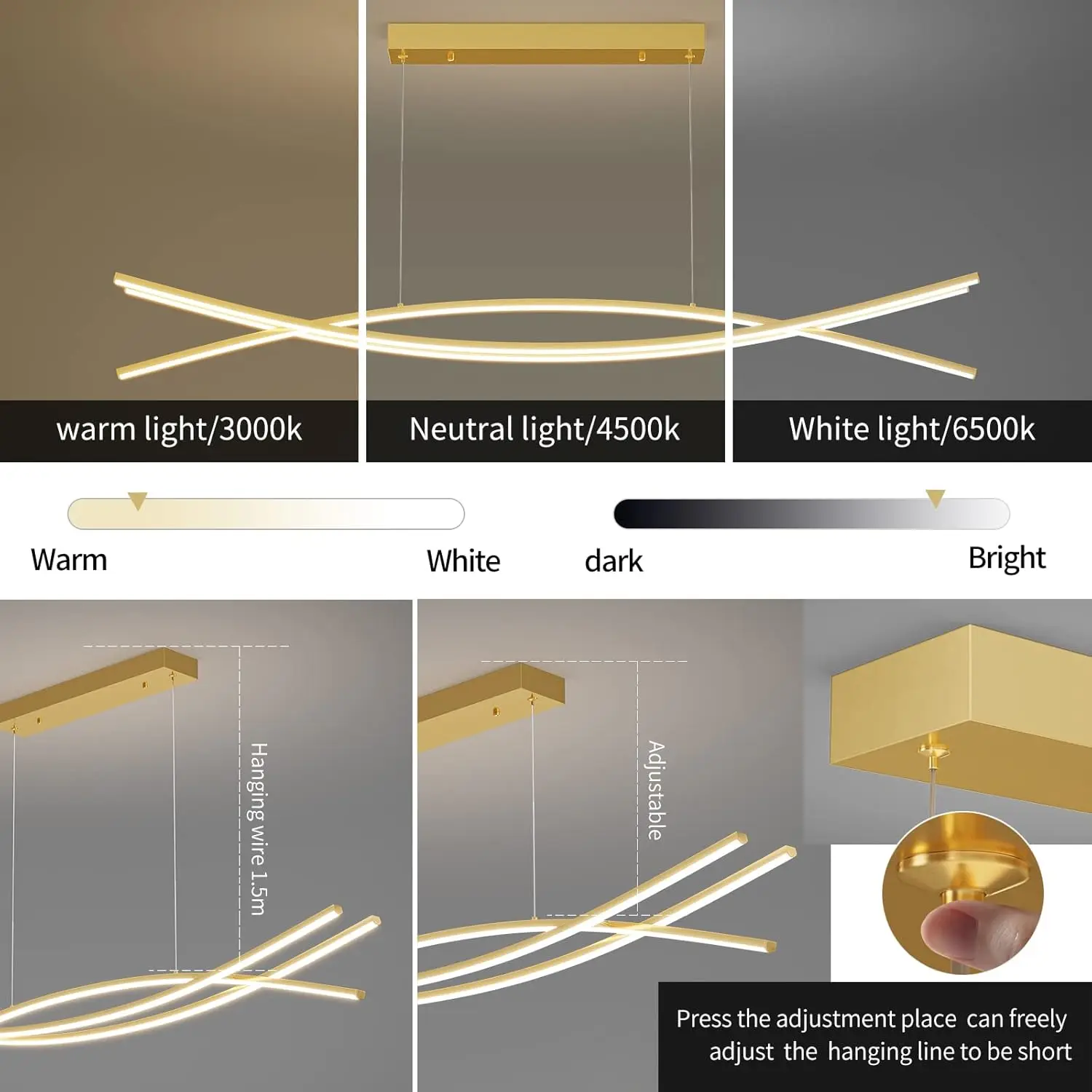 Lustre moderne à intensité variable de 1% à 100%, adapté à la salle à manger, à la chambre et au salon (or)