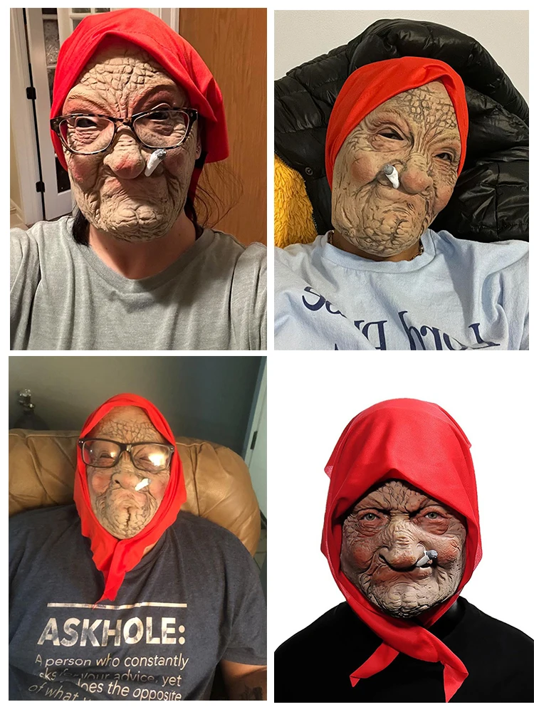 Smoking Old Nana Granny Latex Mask Cosplay Funny Grandma Red Scarf Masks Halloween Carnival Dress Up Purim Party Costume Props