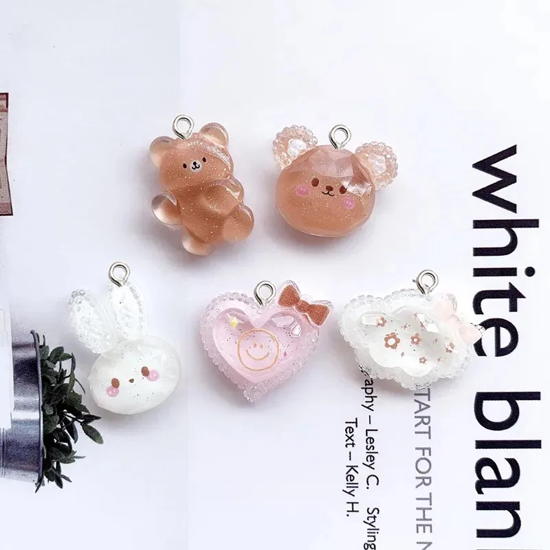 10Pcs Crystal Small The Bear Rabbit Resin Pendant DIY Earrings Necklace Pendants Bracelet Keychain Decoration Flat Back Resin