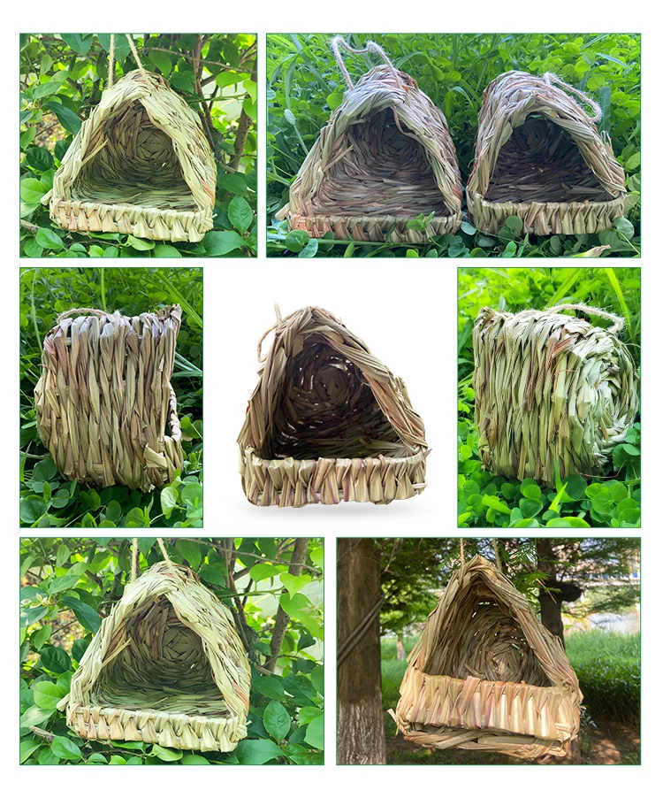 

Grass Bird Nest Handmade Straw Woven Triangular Breeding Box Large Opening Parakeet Budgie Finch Cage Nesting Box