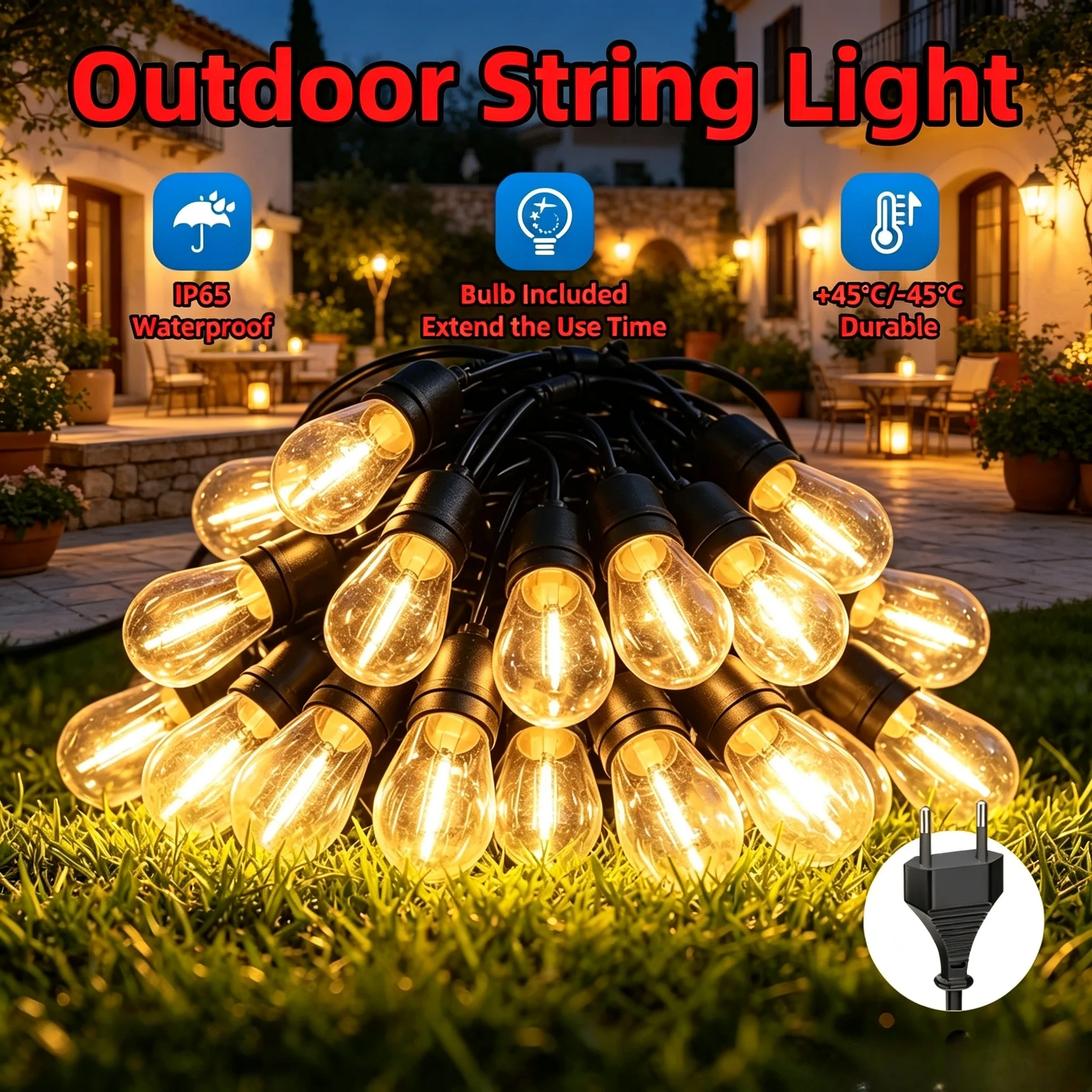 IP65 Waterproof Outdoor Festoon String Lights 220V EU Plug Warm White LED Garland Bulb Fairy Lights Connectable for Garden Patio