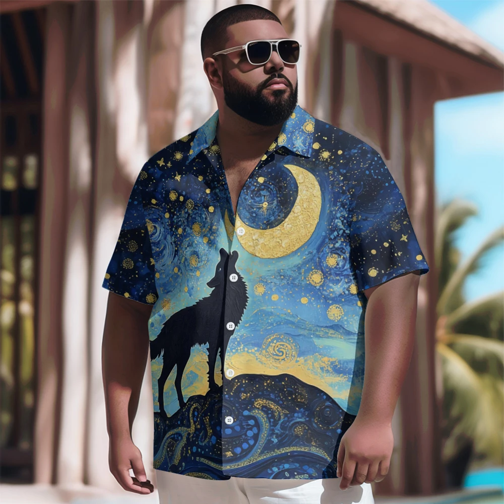 New Hawaiian Goth Men Shirt for Men Starry Night Wolf Printed Casual Short Sleeve Tops Vintage Plus Size Summer Shirts