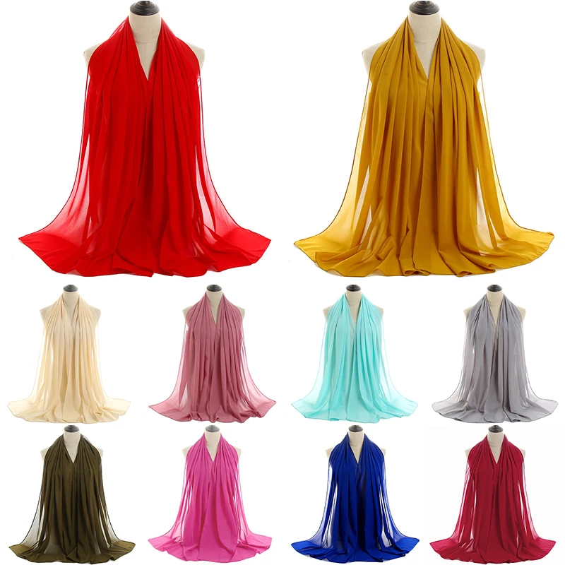 Fashion Pearl Chiffon Hijab Shawls Of Muslim Women Solid Color Head Wraps Scarf For Ladies 70*180cm Large Size