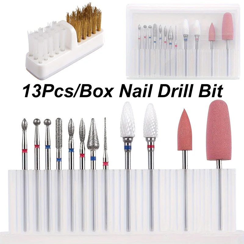 13PCS Nail Drill Bit Set 3/32 with Cleaning Brush Professional Cuticle Bits for Acrylic Gel Manicure Pedicure Home Salon