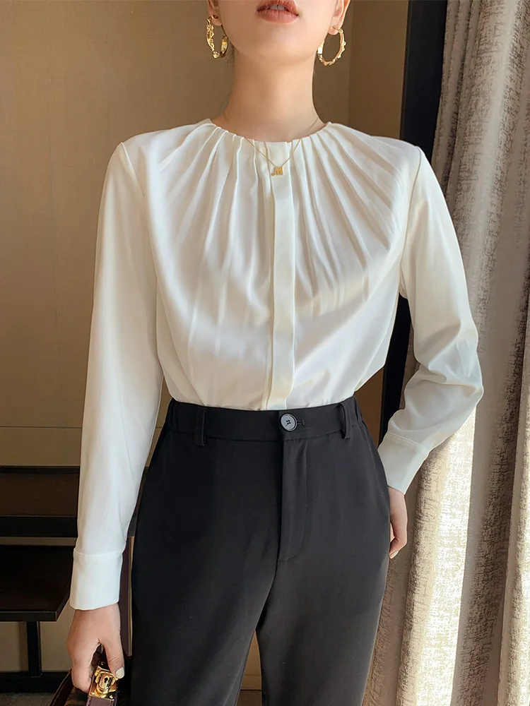 

White Women's irt 2025 Spring Autumn Commute Profional Slimming Versatile Pleated Design Korean Sle High Waist Polyest...