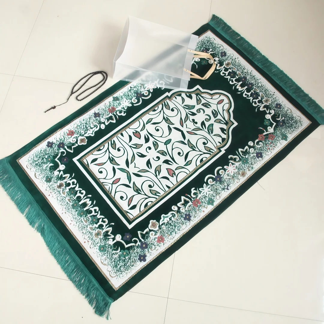 Portable Gift Bag Style Flocked Prayer Rug, Flocked No.2 Embossed Floral Pattern Prayer Mat with Travel Prayer Bead Set