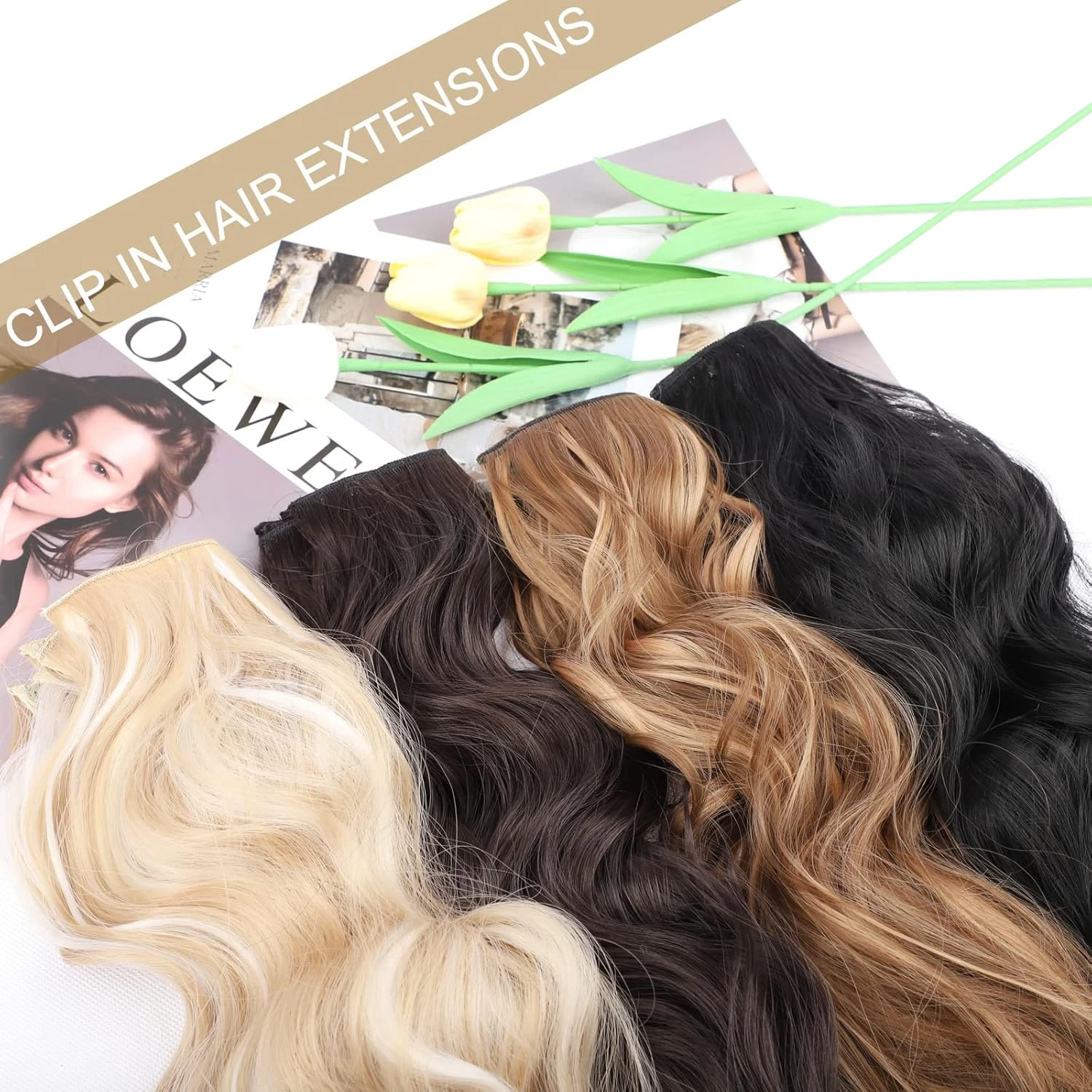 4 قطع وصلات شعر بمشبك، وصلات شعر صناعية مموجة بطول 60.96 سم للنساء والفتيات