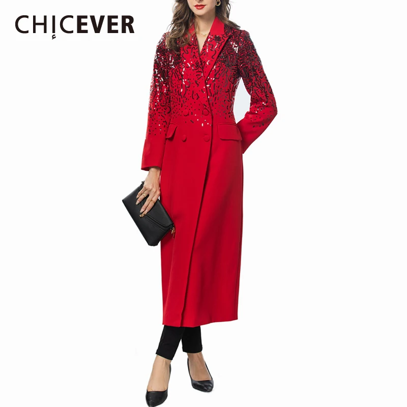 

CHICEVER Temperament Long Blazer For Women Notched Collar Long Sleeve Patchwork Double Breasted Windbreaker Female Autumn Style