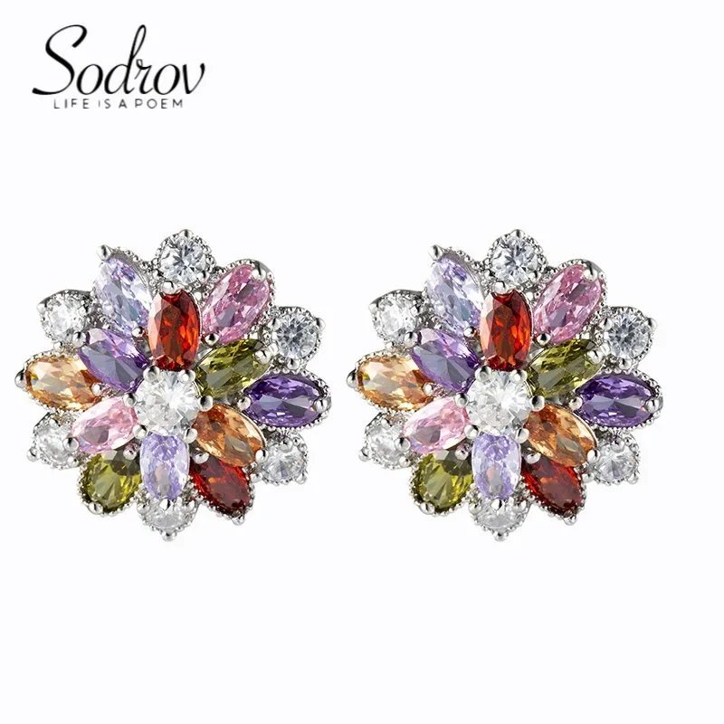 SODROV Luxury Rainbow Jewelry Colorful Crystal Zircon Earrings for Women Clip Earrings Without Ear Hole