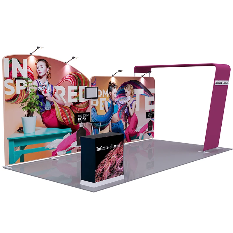 Printed Tension Fabric Square Trade Show Banner Tower with Circular Blimp Sign on Top