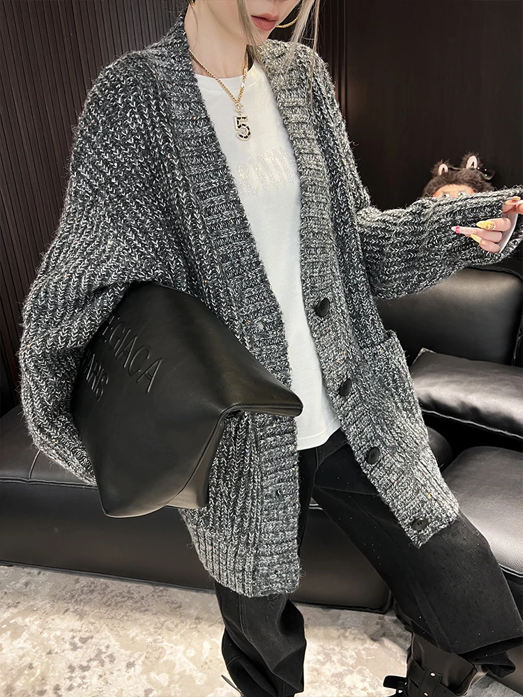 

Женский свободный длинный вязаный кардиган с V-образным вырезом, осенне-зимний, новый, на одной пуговице, с пайетками, удобный крой